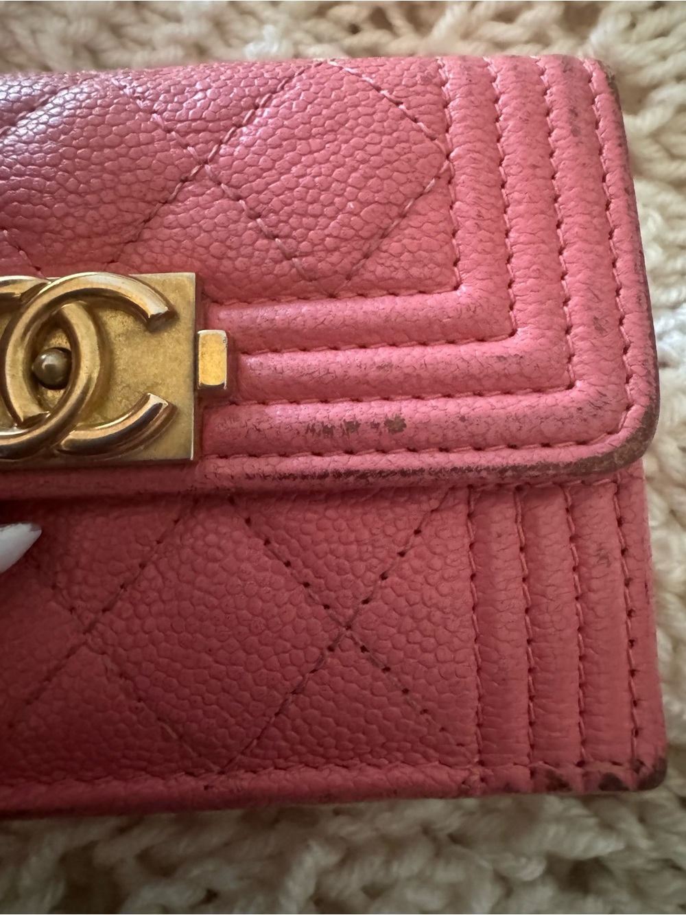 Authentic Chanel Boy Pink Caviar Leather Trifold Wallet Aged Gold Hardware - Picture 8 of 16